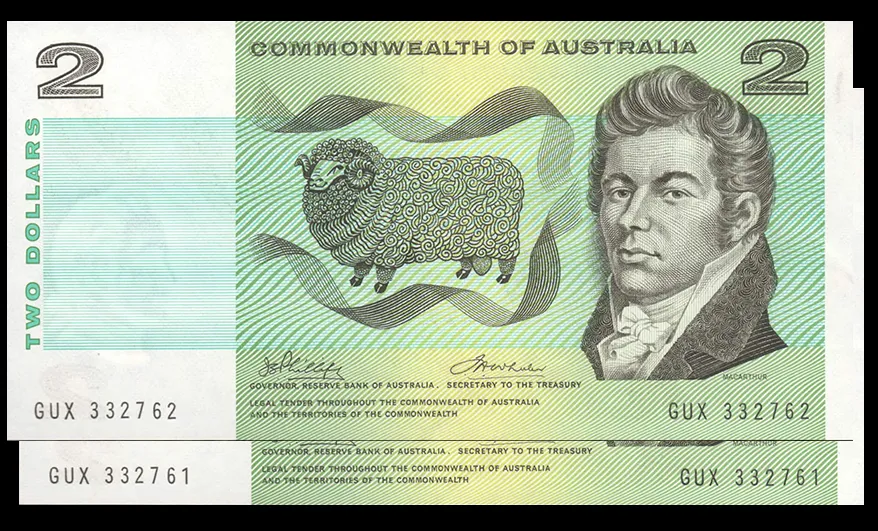 Lot 19 — 1972 $2 Phillips/Wheeler Commonwealth General Prefix Pair [GUX]