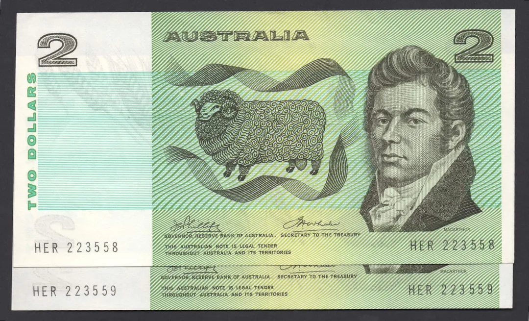 Lot 21 — 1974 $2 Phillips/Wheeler Australia General Prefix Pair [HER]