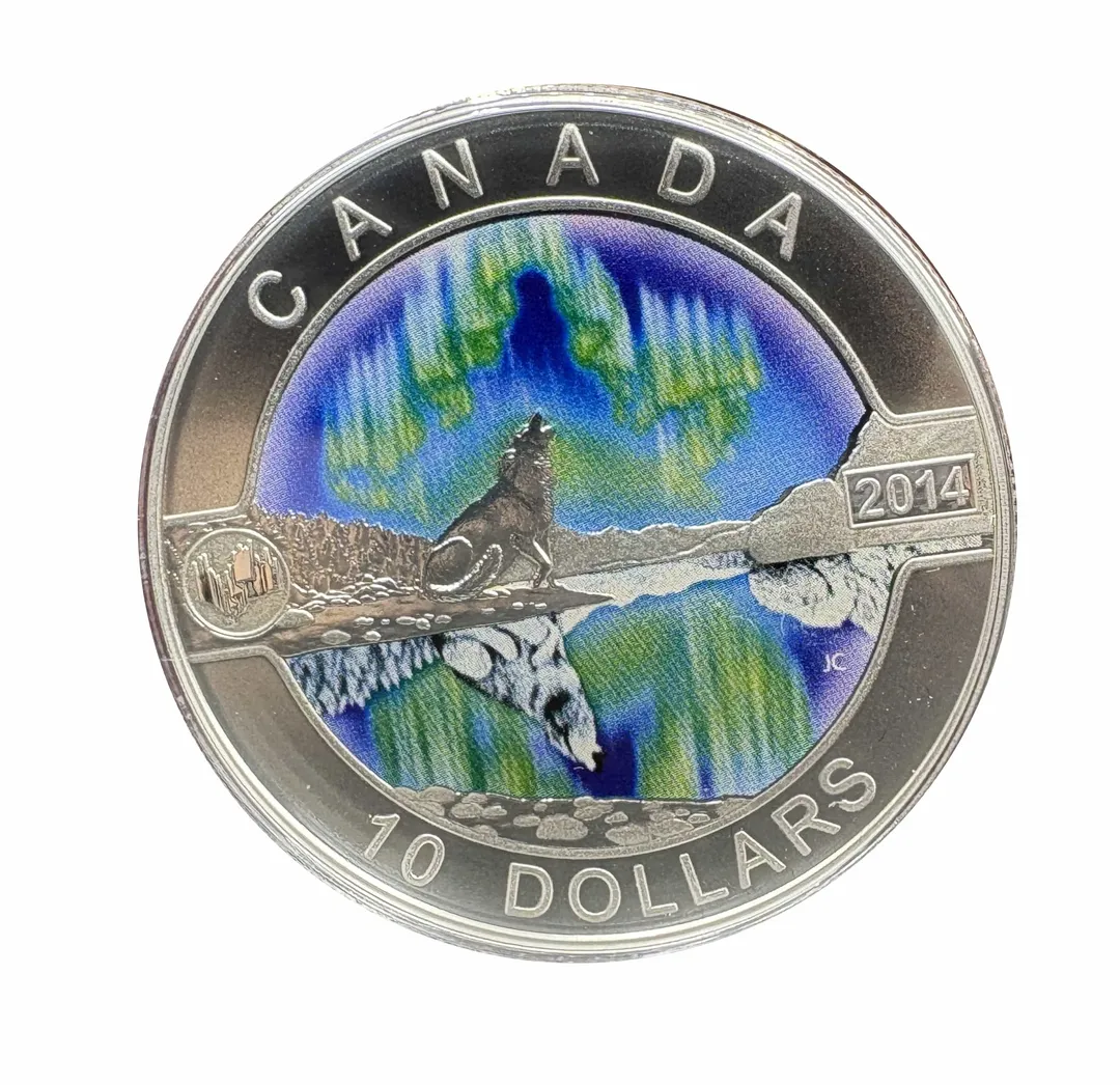 Lot 48 — 2014 $10 CAD Canada O Canada Northern Lights Fine Silver Coloured Coin .999 (15.87g silver) Proof