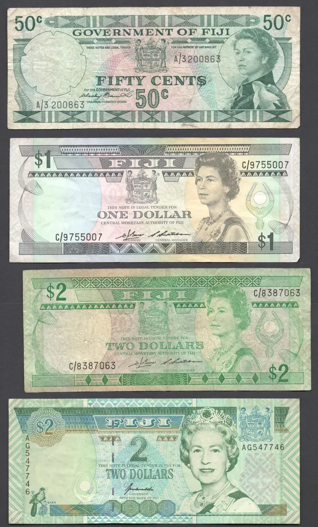 Lot 2 — Fiji Queen Elizabeth II 50 Cents, $1 & $2 Banknote Group