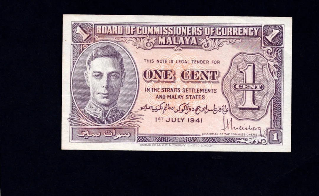 Lot 46 — Board of Commissioners of Currency Malaya King George VI 1 Cent Banknote