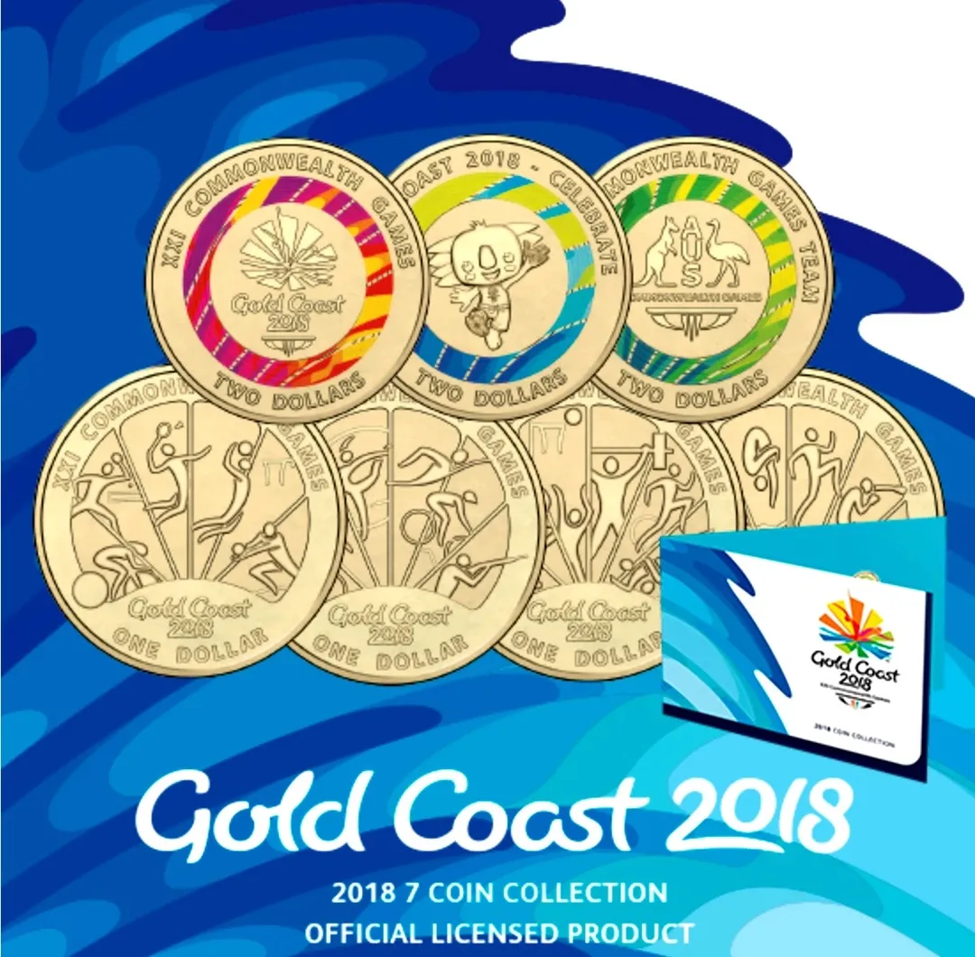 Lot 28 — 2018 Commonwealth Games 7x $1 & Coloured $2 Coin Set