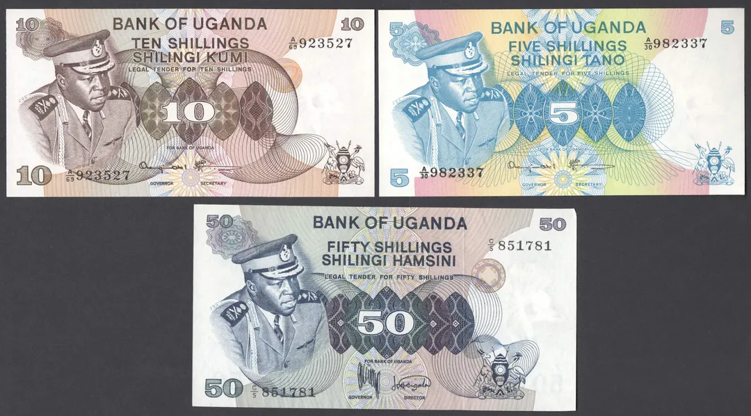 Lot 35 — Bank of Uganda Idi Amin 5, 10 & 50 Shillings Banknote Set