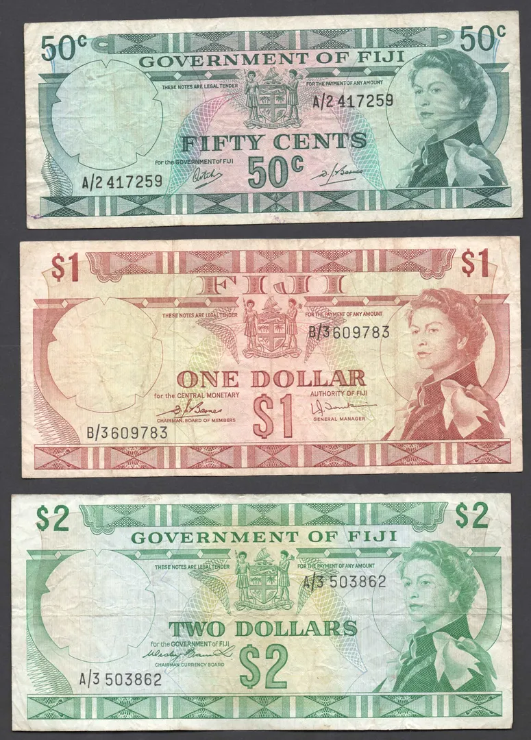 Lot 1 — Fiji Queen Elizabeth II 50 Cents, $1 & $2 Banknote Group