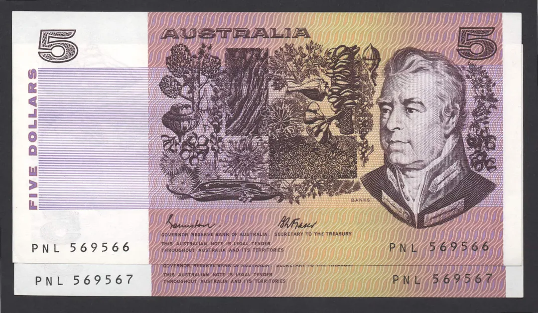 Lot 43 — 1985 $5 Johnston/Fraser OCRB General Prefix Pair [PNL]