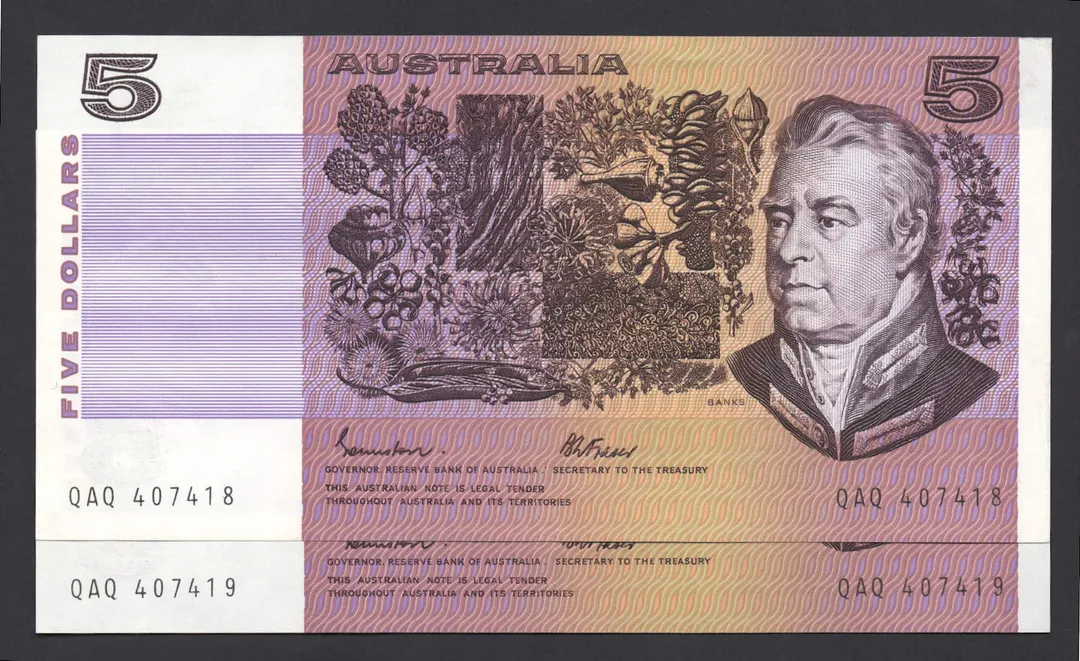 Lot 46 — 1985 $5 Johnston/Fraser Gothic General Prefix Pair [QAQ]