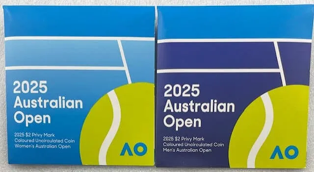 Lot 21 — 2025 Australian Open - Pair of Mens & Womens $2 Coins SEALED