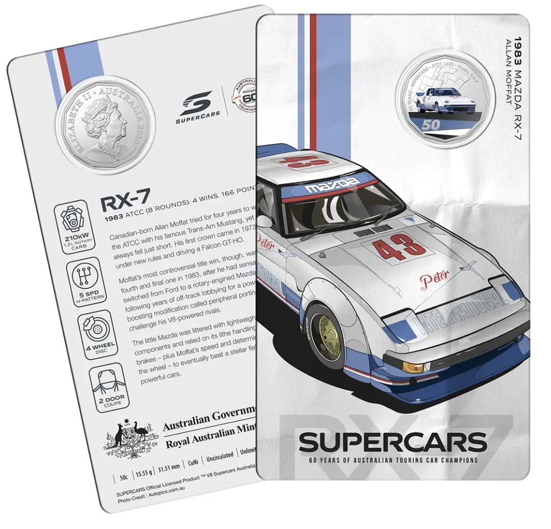 Lot 30 — 2020 Supercars - 1983 Mazda RX-7 50c Carded Coin