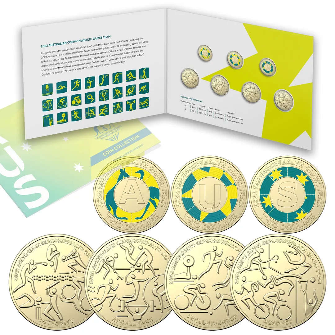 Lot 20 — 2022 Commonwealth Games 7x $1 & Coloured $2 Coin Set